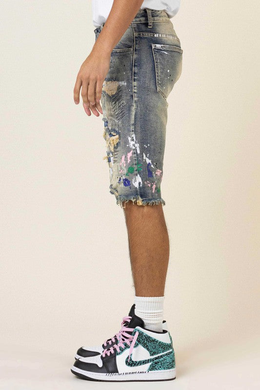 HAND PAINT & LOGO PRINT RIP&REPAIR DENIM SHORTS