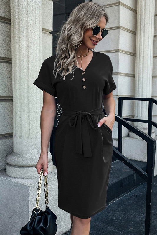 Button Detail Cuffed Dress with Pocket