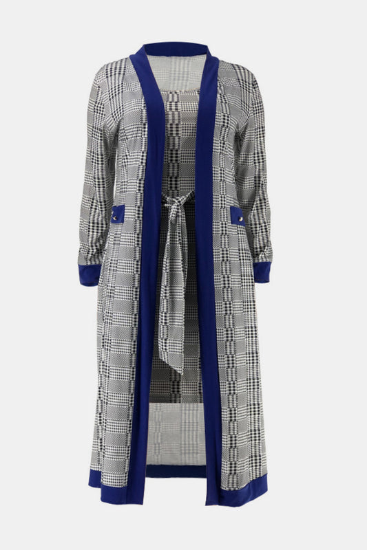 Plus Size Plaid Belted Sleeveless Dress and Contrast Duster Kimono Set