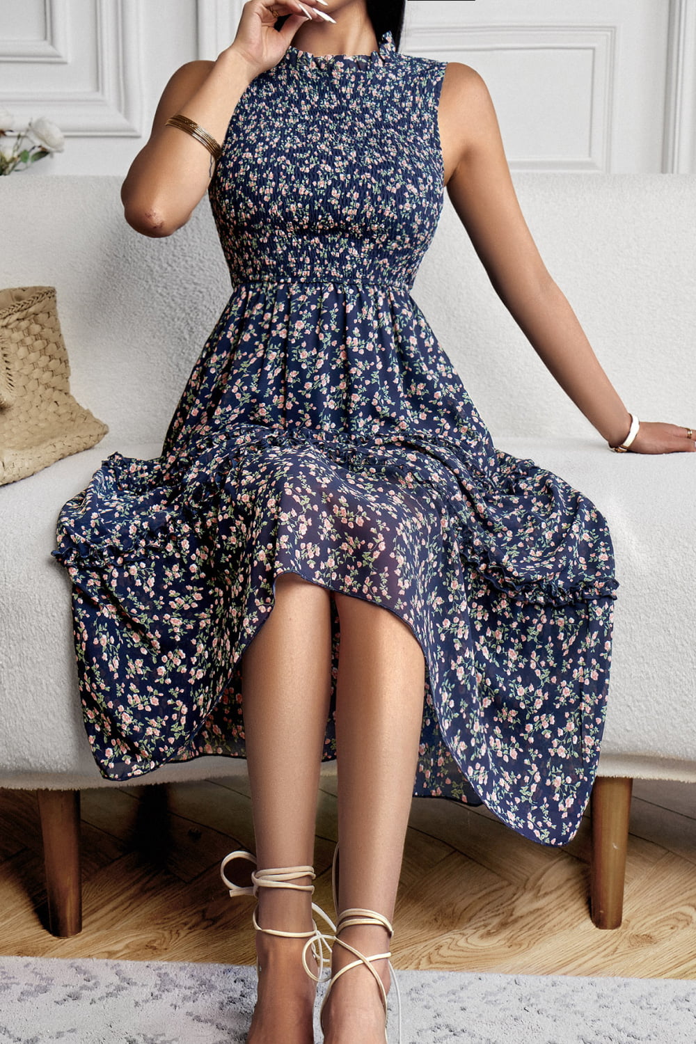 Floral Print Frill Trim Smocked Dress