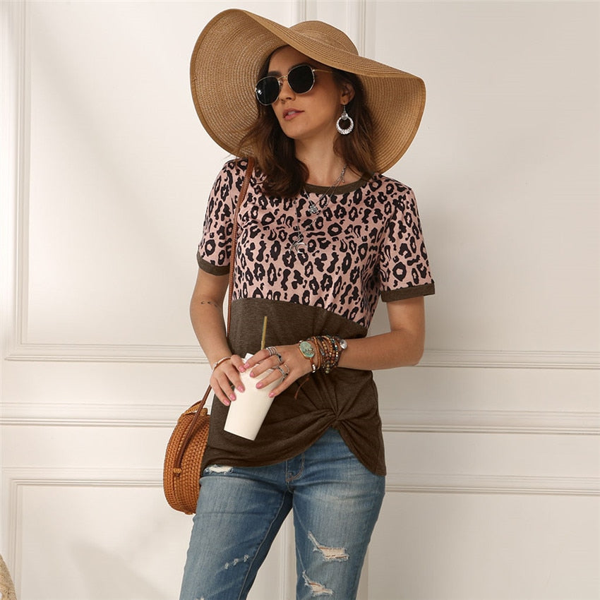 Leopard T-shirt Women Patchwork Top Summer Short Sleeve Tee Shirts Women Clothes 2022 New Tie Tops Tee Female 2XL Tee