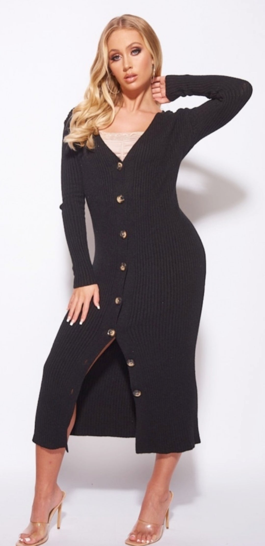 Black Rib Knit V Neck Button Up Midi Cardigan Dress