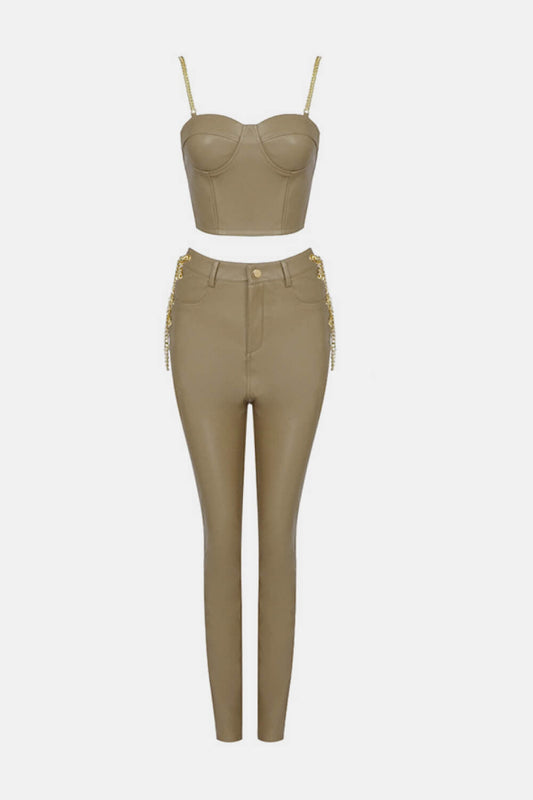 PU Leather Chain Detail Top and Lace-Up Pants Set