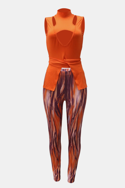 Tie-Back Cutout Top and Printed Leggings Set