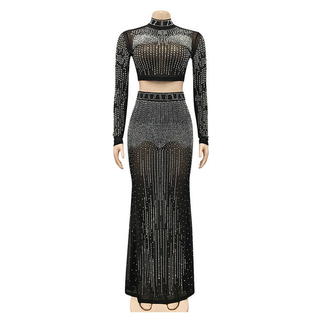 Sexy Mesh Hot Drilling See Through Skirt Set Women Crystal Long Sleeve Top And Maxi Skirt Suits Clubwear Outfits