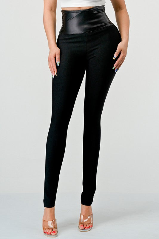 Athina casual high waist soft PU contrast Pants