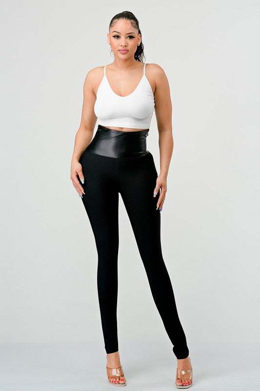Athina casual high waist soft PU contrast Pants