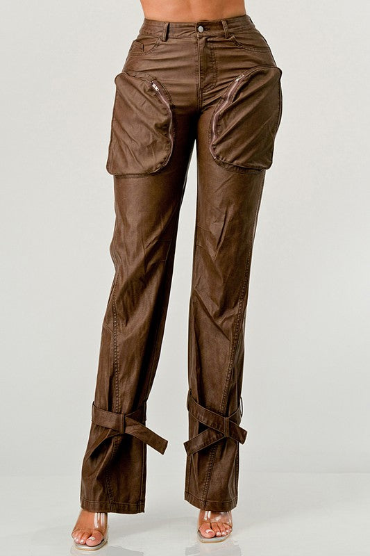 Athina PU Brown Cargo Pants