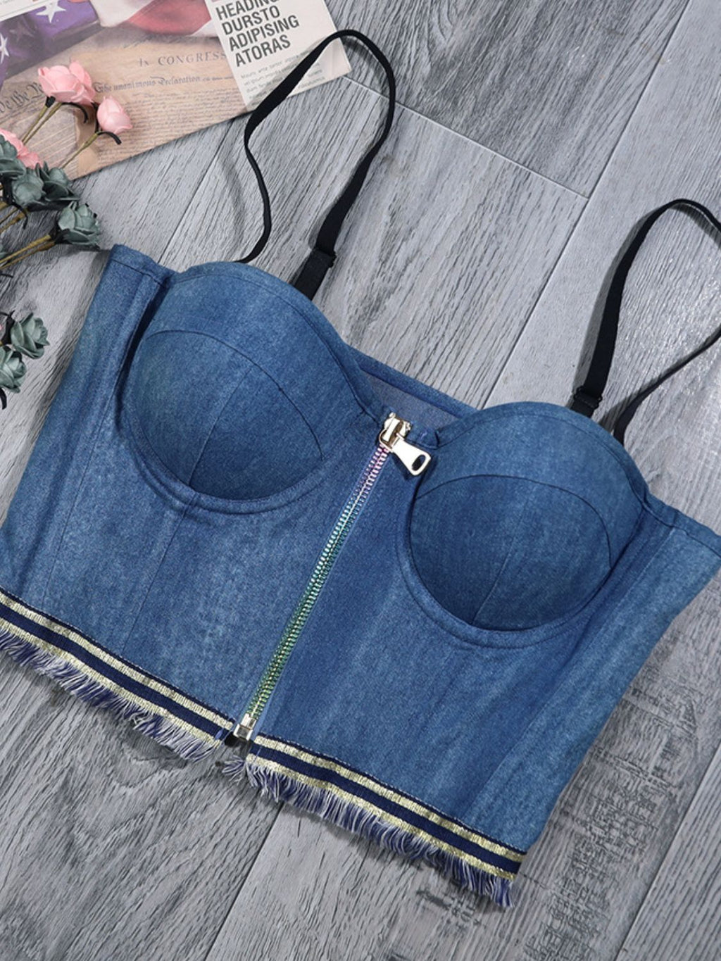 Zip-Front Raw Hem Denim Bustier