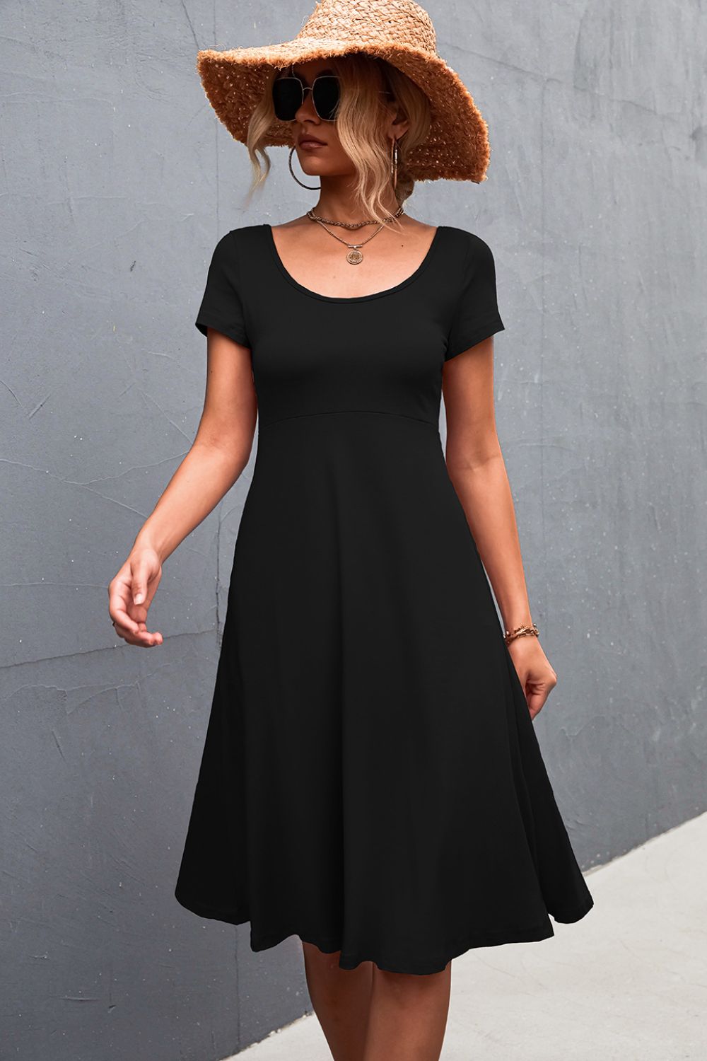 Round Neck Short Sleeve A-Line Dress