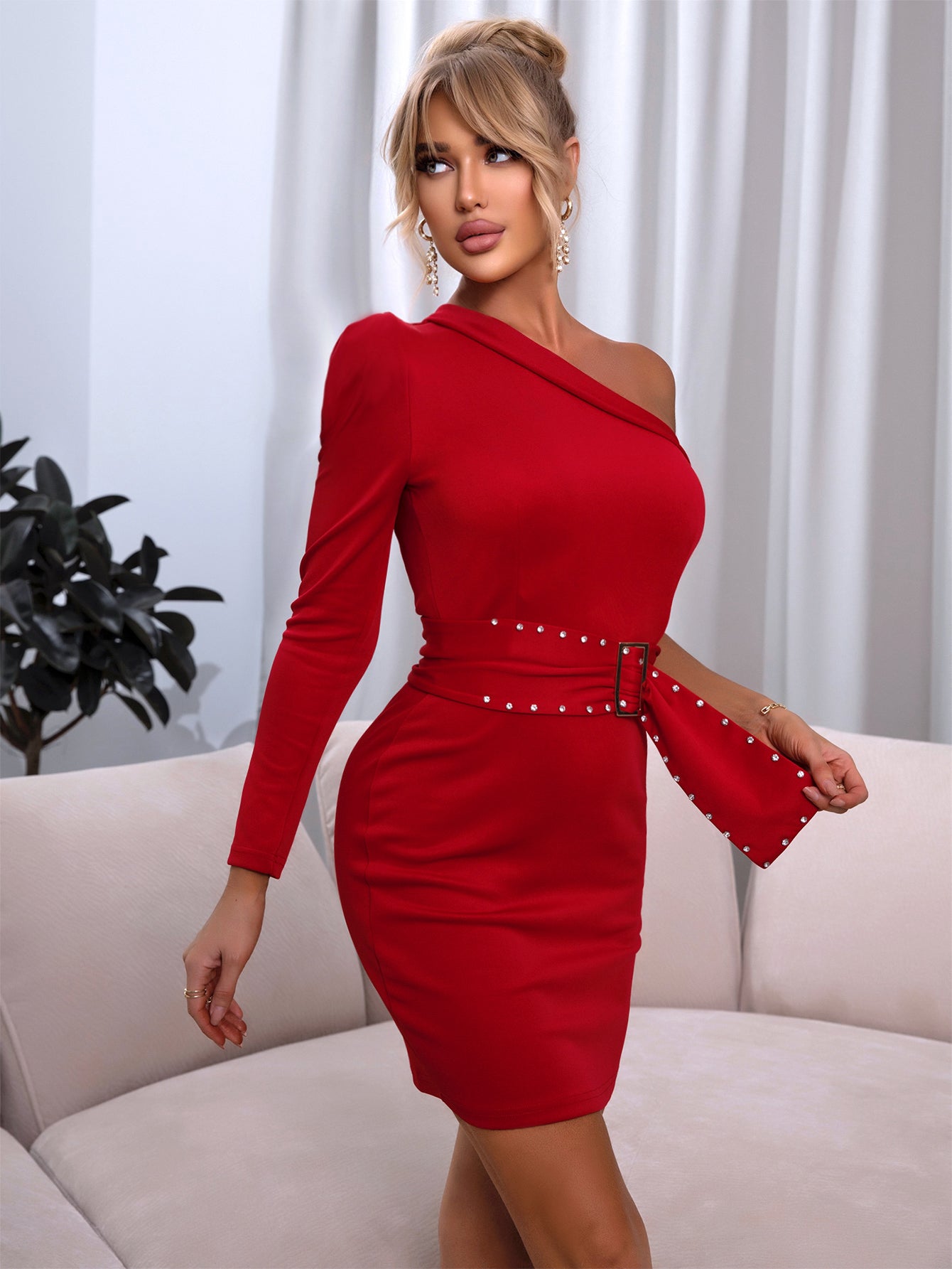 Rhinestone Detail Belted One-Shoulder Bodycon Dress