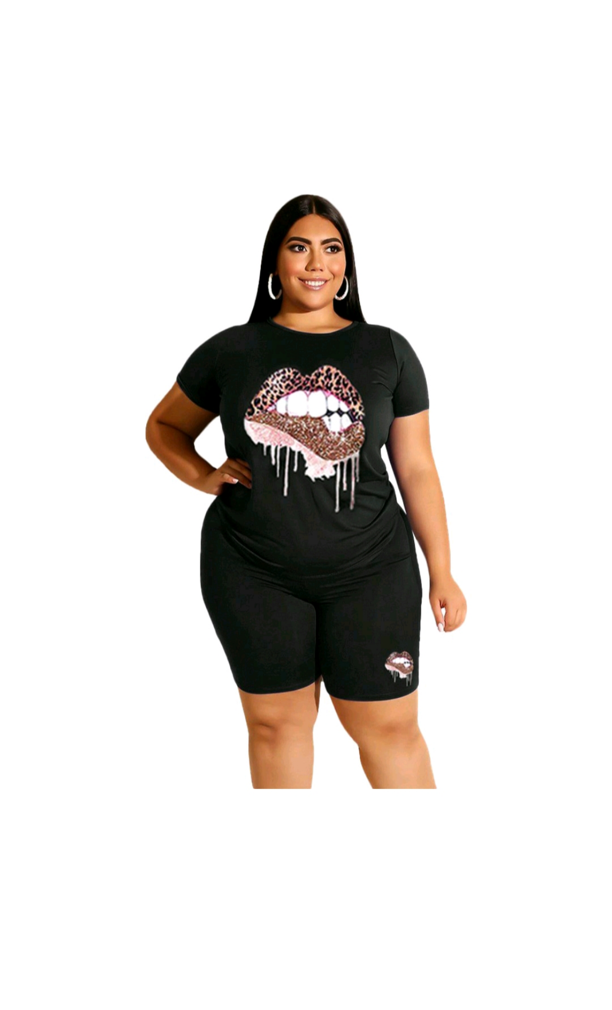 Leopard Lip Print Two Piece Set Tracksuit Women Summer Club Outfits T-shirt Top Biker Shorts Sportwear Lounge Wear Matching Sets