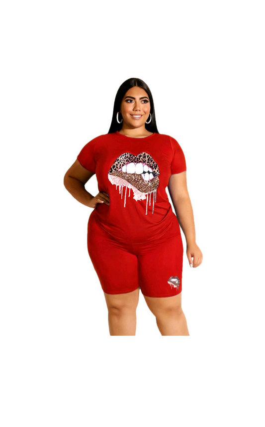 Leopard Lip Print Two Piece Set Tracksuit Women Summer Club Outfits T-shirt Top Biker Shorts Sportwear Lounge Wear Matching Sets