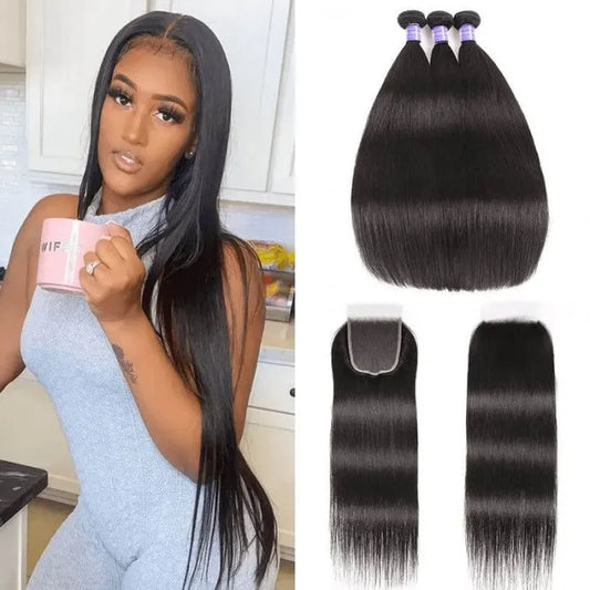Straight Human Hair Bundles With Closure Lace Closures With Bundles Brazilian Hair Weave Bundles With Closure Remy Hair