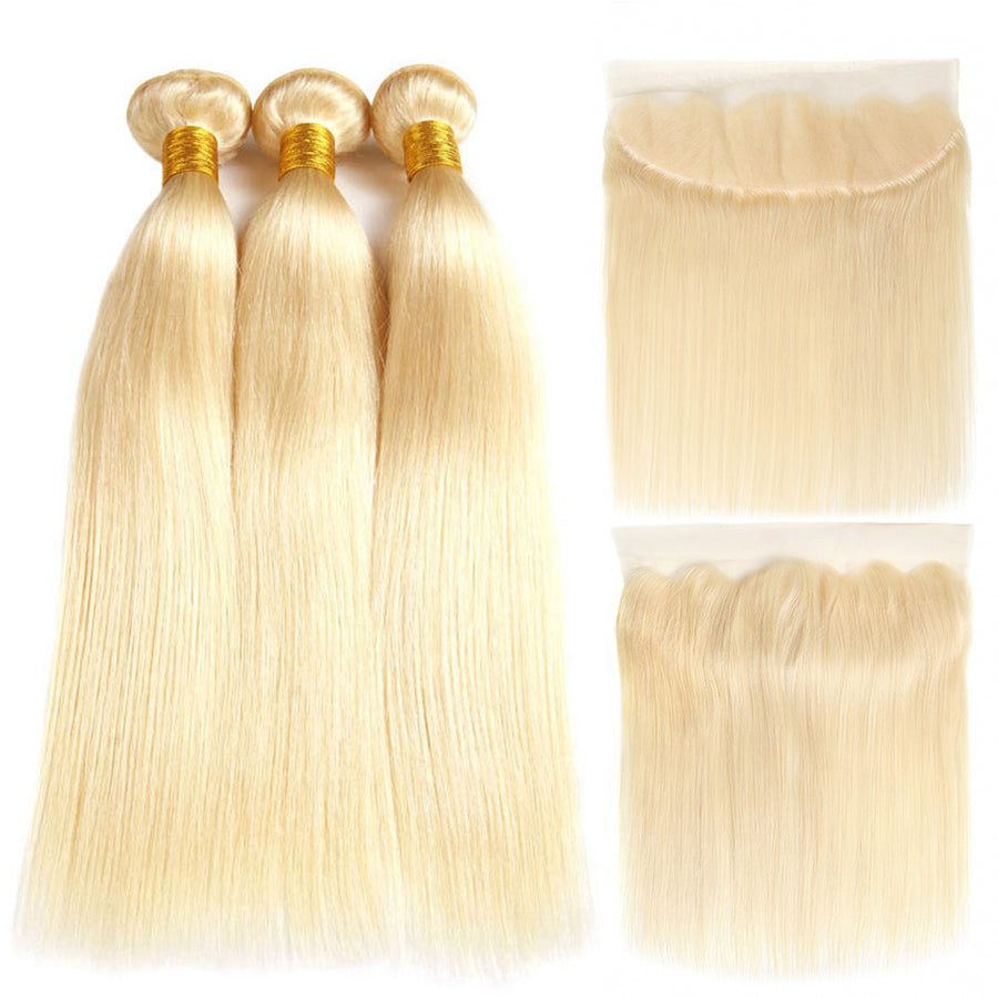 613 Bundles With Frontal Brazilian Straight Hair 3/4 Bundles With Closure 40 Inches Remy Blonde Human Hair Bundles With Frontal