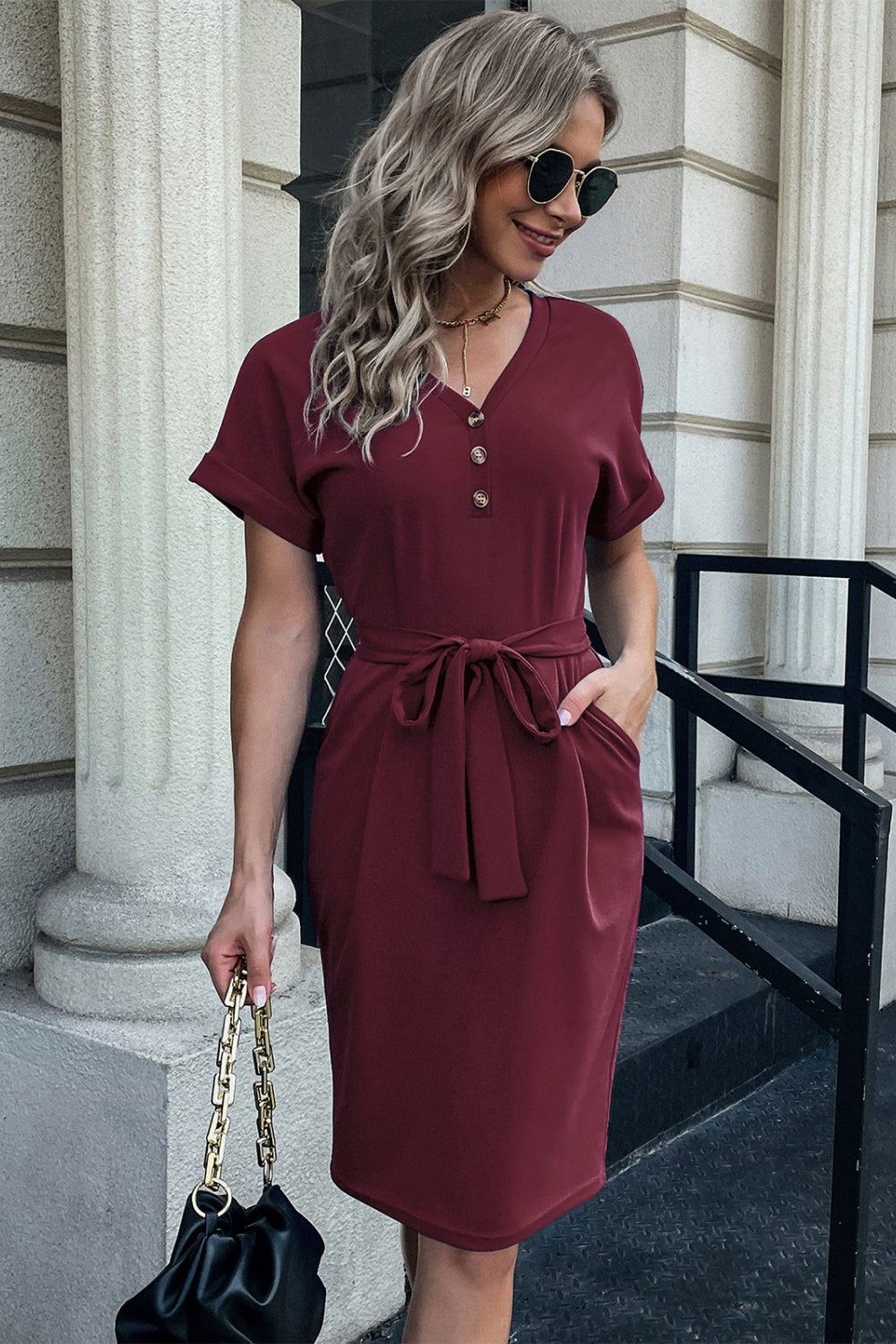 Button Detail Cuffed Dress with Pocket