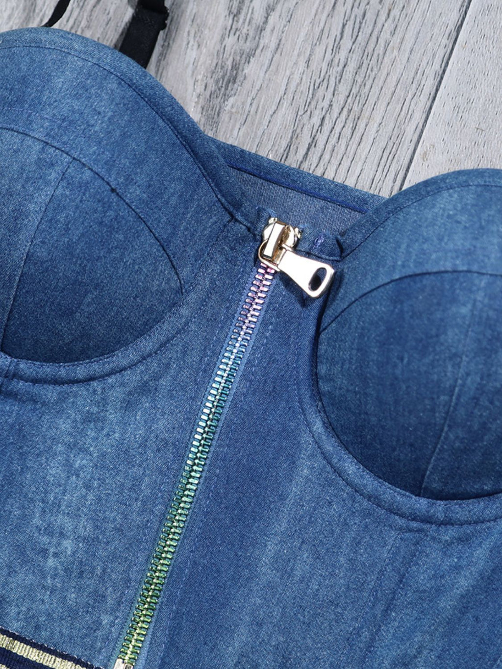 Zip-Front Raw Hem Denim Bustier