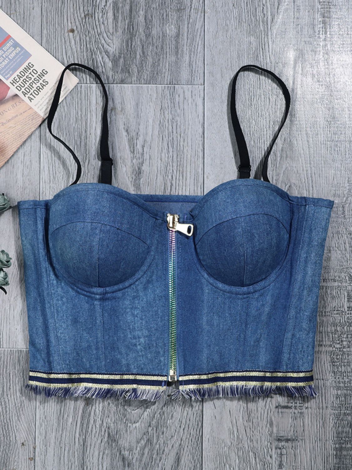 Zip-Front Raw Hem Denim Bustier