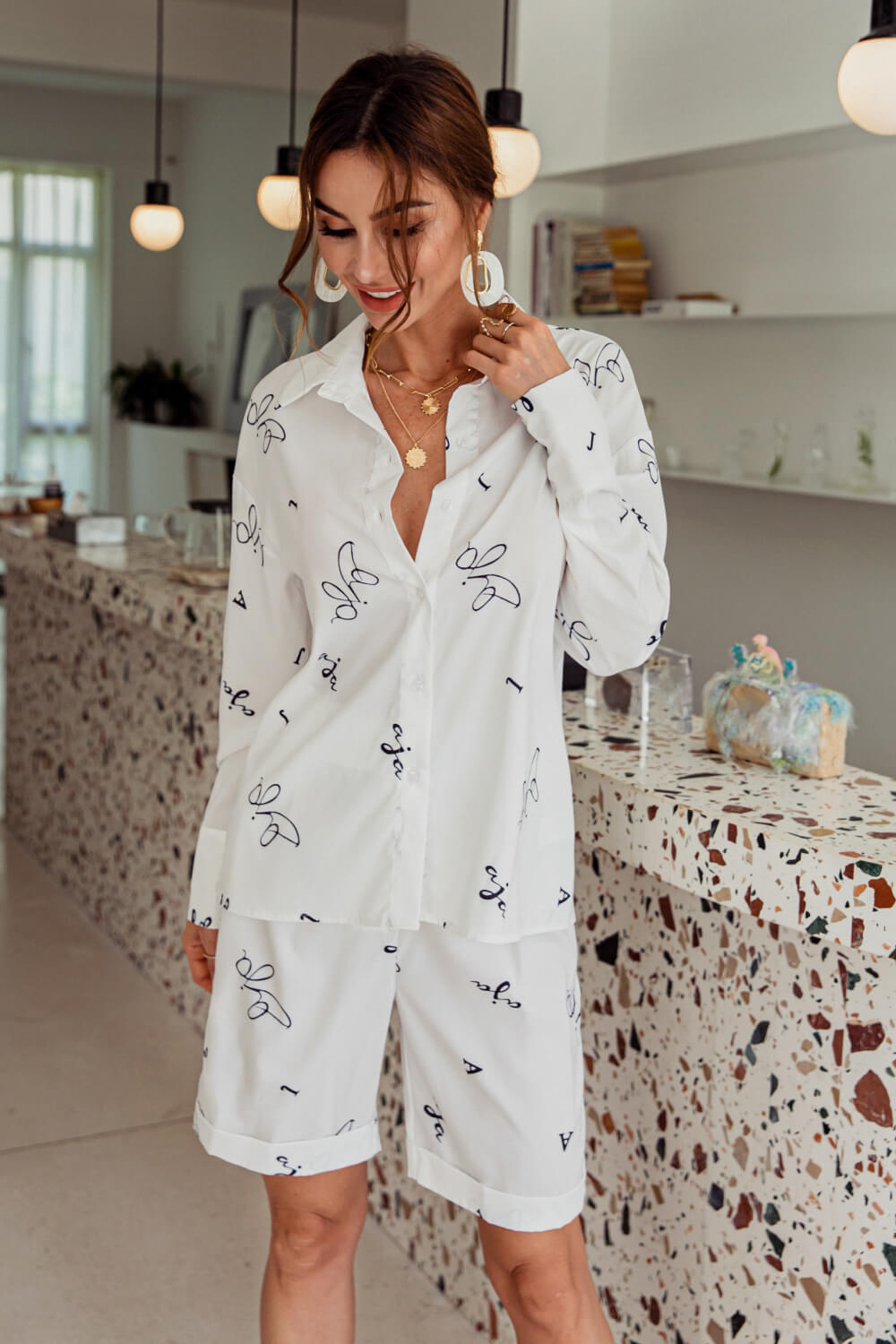 Printed Shirt and Cuffed Bermuda Shorts Set