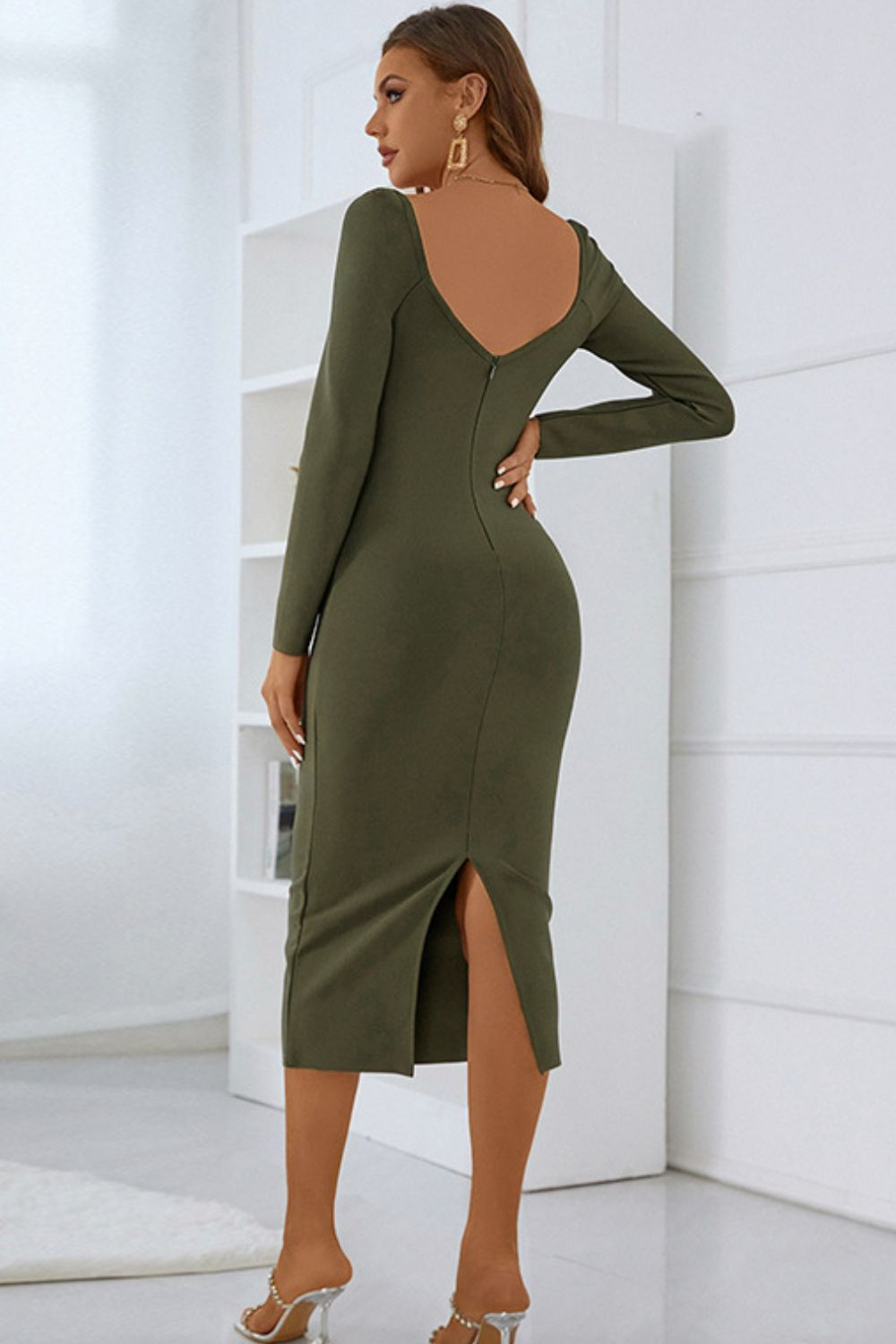 Sweetheart Neck Long Sleeve Back Slit Bandage Dress