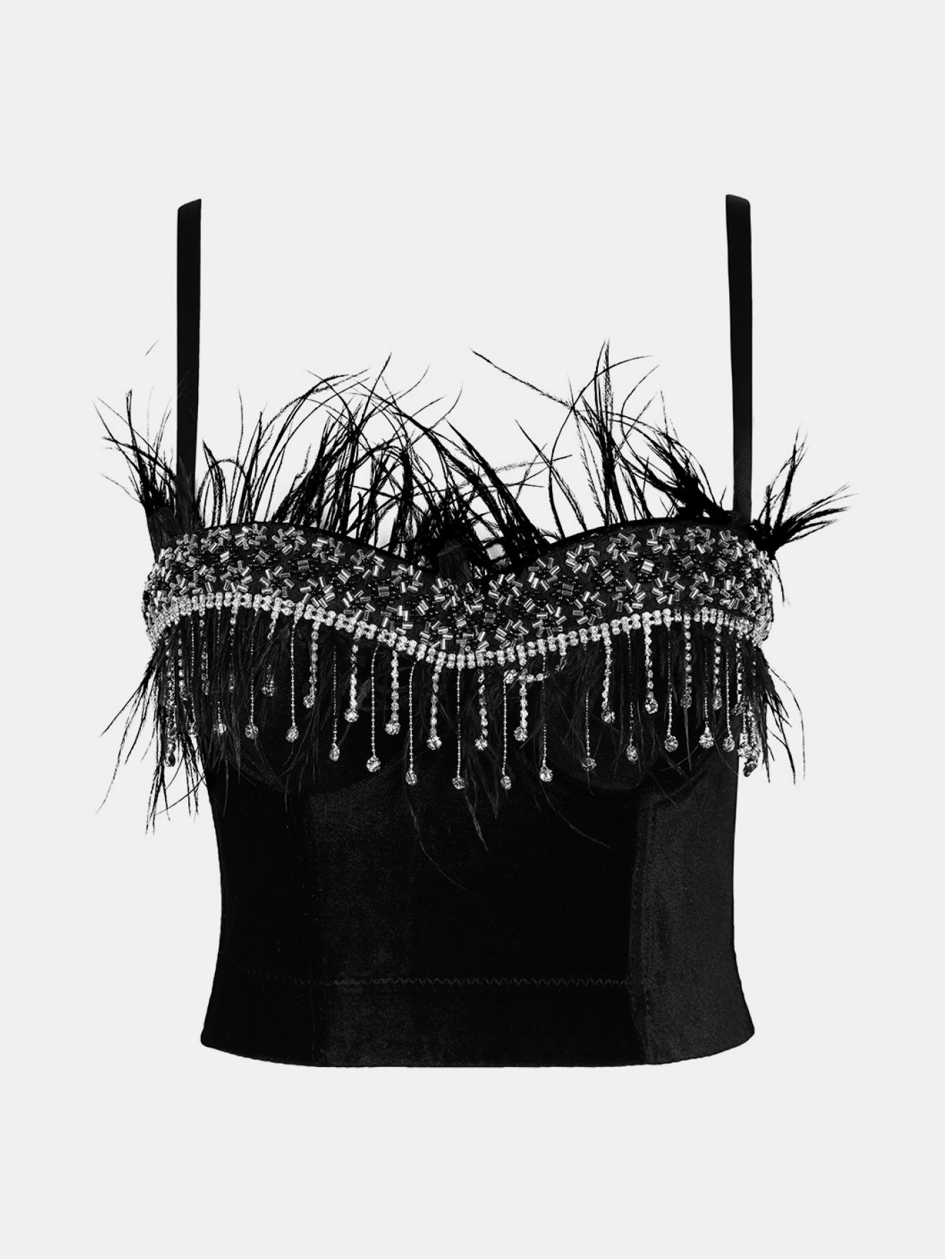 Rhinestone Feather Trim Fringe Bustier