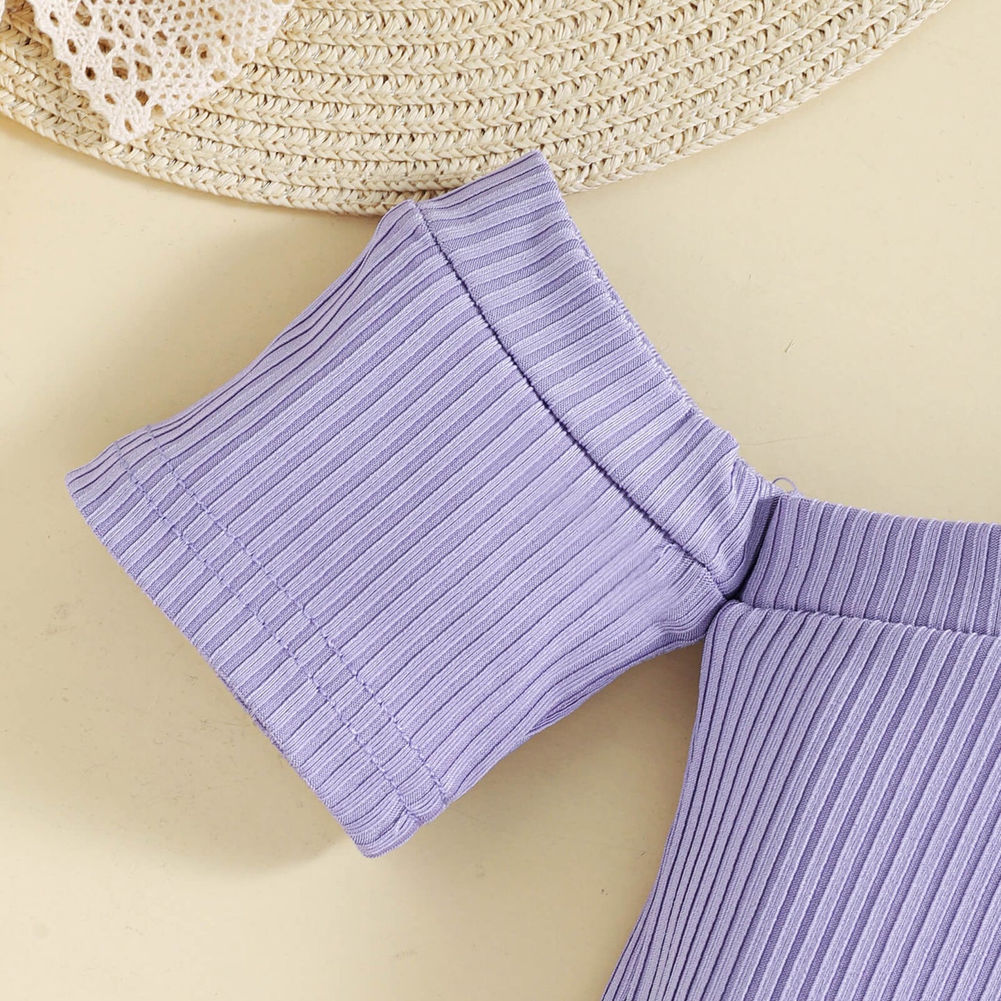 Girls Ribbed Cold-Shoulder Top and Mixed Print Belted Shorts Set