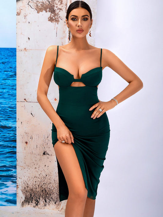 Ruched Spaghetti Strap Cutout Side Slit Dress