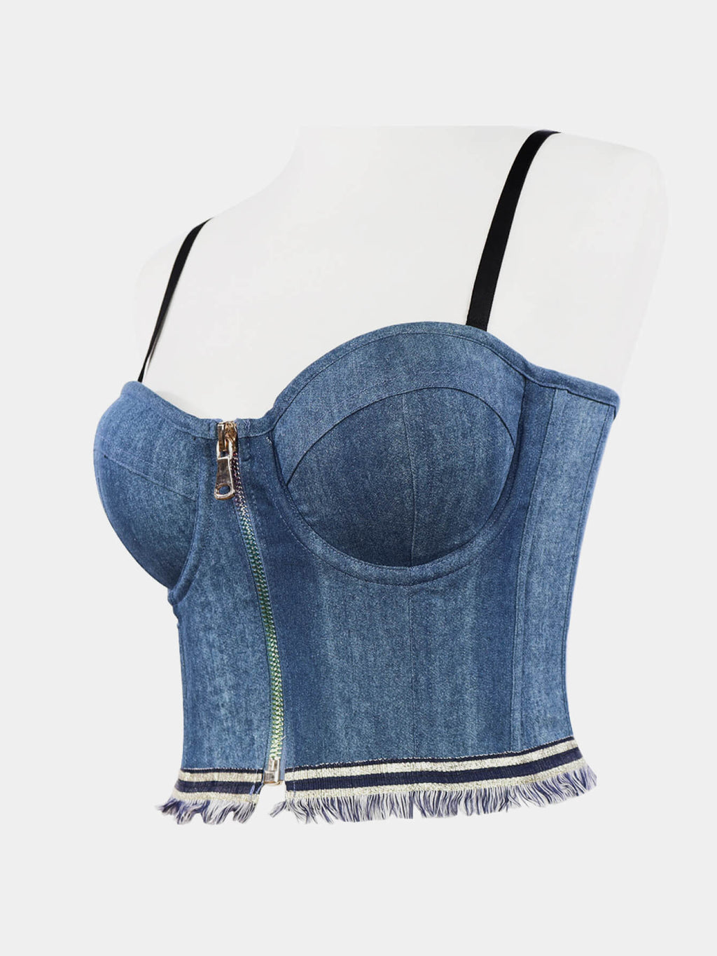 Zip-Front Raw Hem Denim Bustier