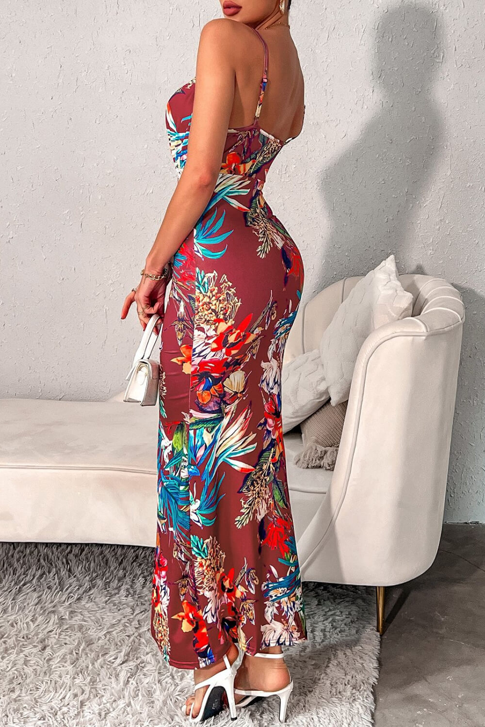 Floral Ruched Front Slit Surplice Maxi Dress