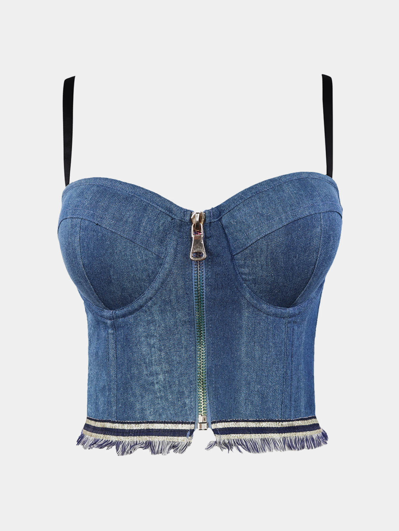 Zip-Front Raw Hem Denim Bustier