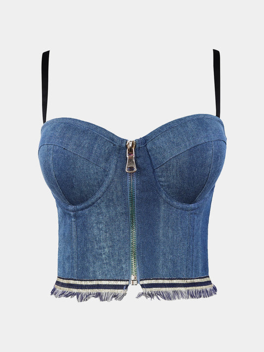 Zip-Front Raw Hem Denim Bustier