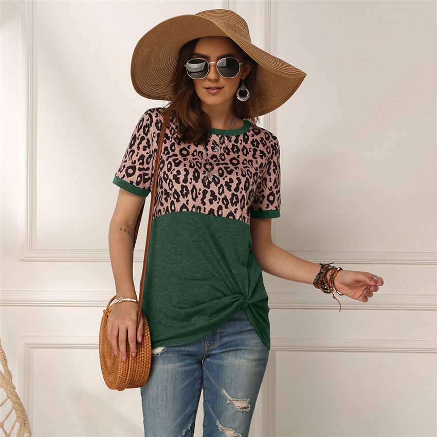 Leopard T-shirt Women Patchwork Top Summer Short Sleeve Tee Shirts Women Clothes 2022 New Tie Tops Tee Female 2XL Tee
