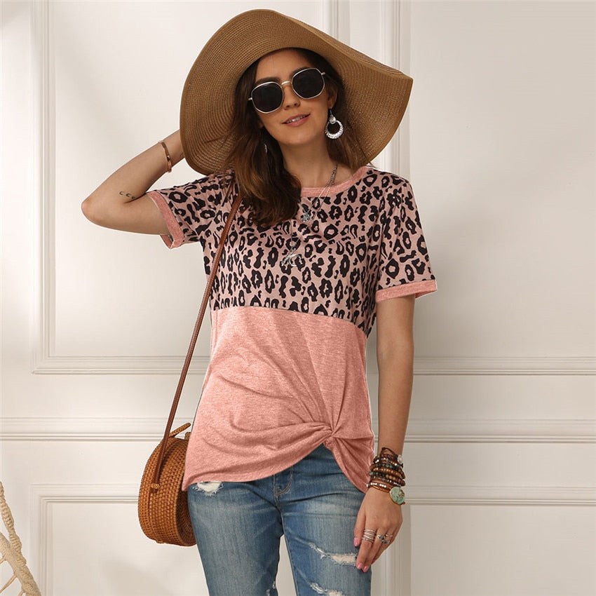 Leopard T-shirt Women Patchwork Top Summer Short Sleeve Tee Shirts Women Clothes 2022 New Tie Tops Tee Female 2XL Tee