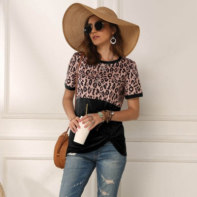 Leopard T-shirt Women Patchwork Top Summer Short Sleeve Tee Shirts Women Clothes 2022 New Tie Tops Tee Female 2XL Tee