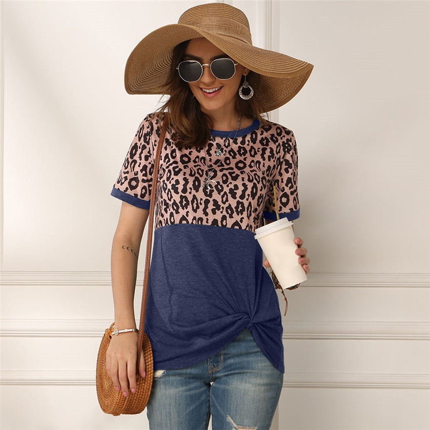 Leopard T-shirt Women Patchwork Top Summer Short Sleeve Tee Shirts Women Clothes 2022 New Tie Tops Tee Female 2XL Tee