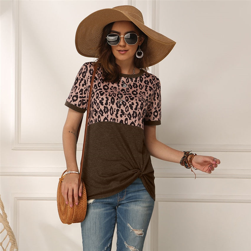 Leopard T-shirt Women Patchwork Top Summer Short Sleeve Tee Shirts Women Clothes 2022 New Tie Tops Tee Female 2XL Tee
