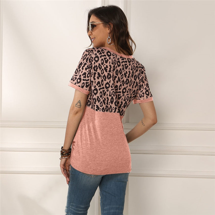 Leopard T-shirt Women Patchwork Top Summer Short Sleeve Tee Shirts Women Clothes 2022 New Tie Tops Tee Female 2XL Tee