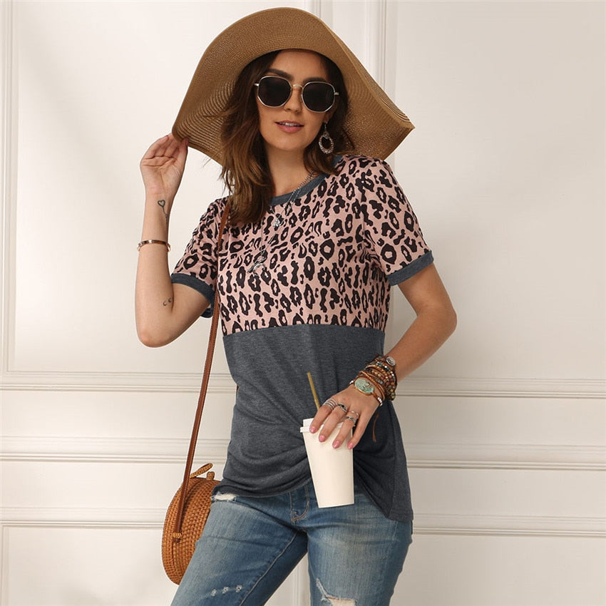 Leopard T-shirt Women Patchwork Top Summer Short Sleeve Tee Shirts Women Clothes 2022 New Tie Tops Tee Female 2XL Tee