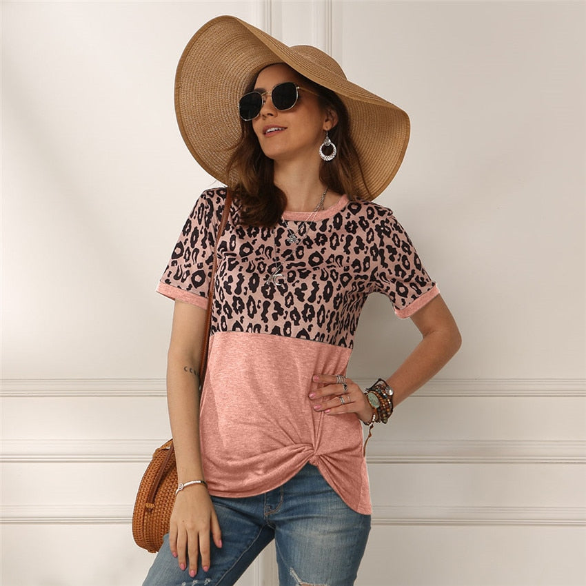Leopard T-shirt Women Patchwork Top Summer Short Sleeve Tee Shirts Women Clothes 2022 New Tie Tops Tee Female 2XL Tee