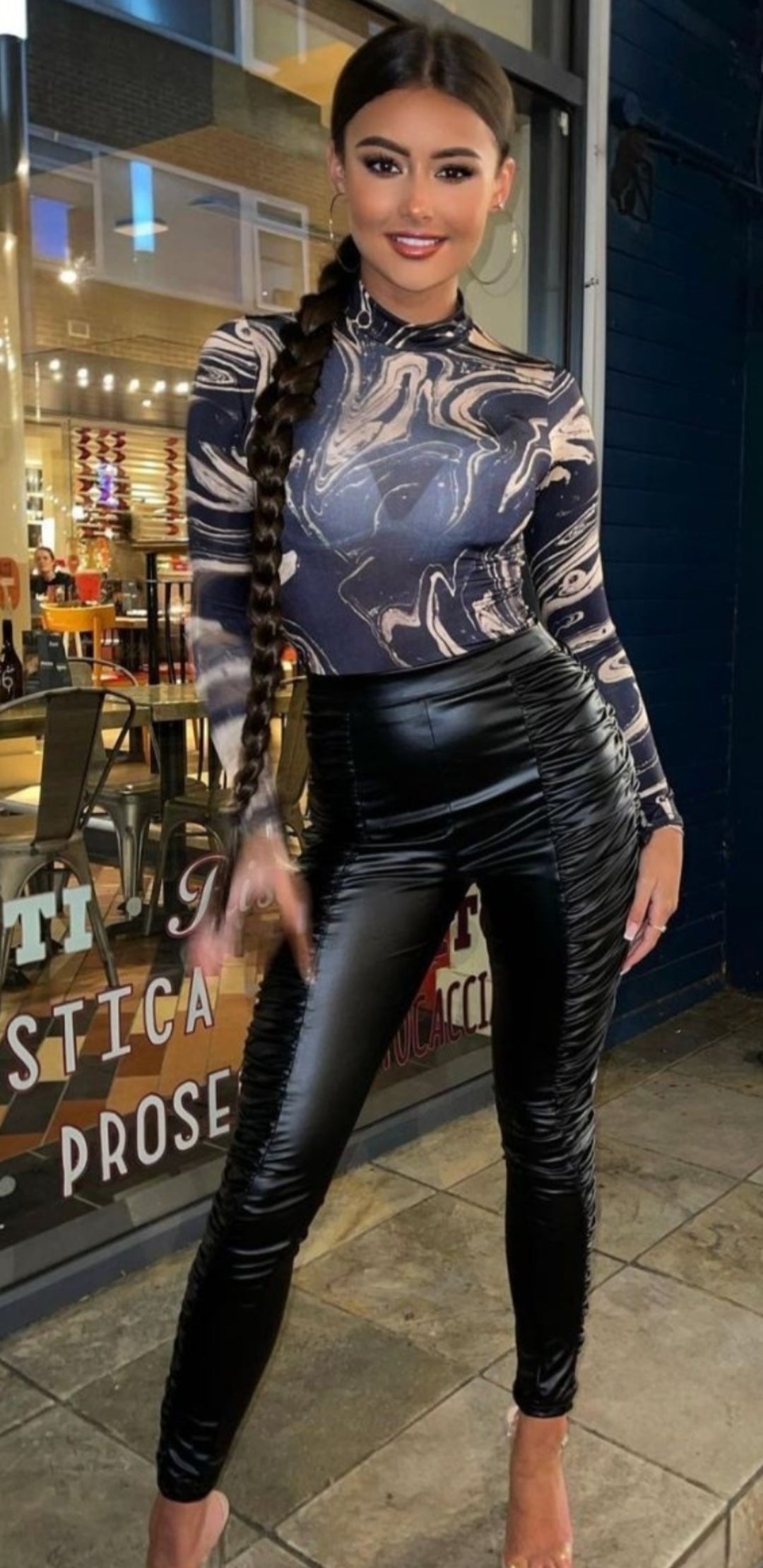 Black Beige Marble Print High Neck Long Sleeve Bodysuit