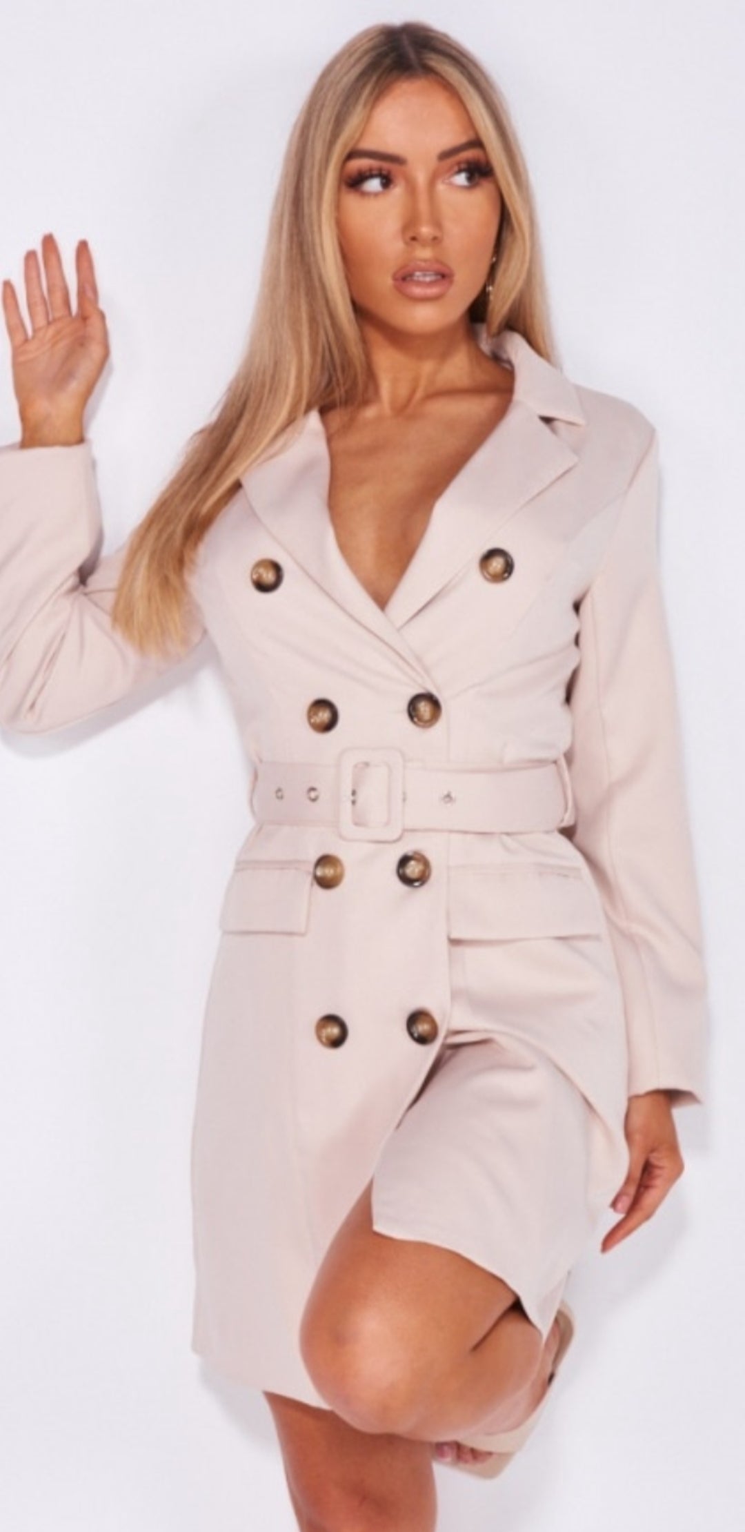 Beige Double Breasted Belted Blazer