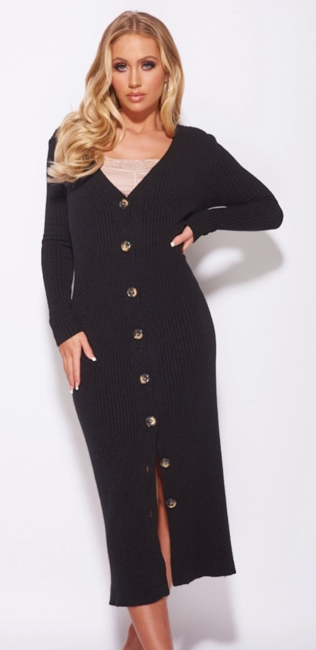 Black Rib Knit V Neck Button Up Midi Cardigan Dress