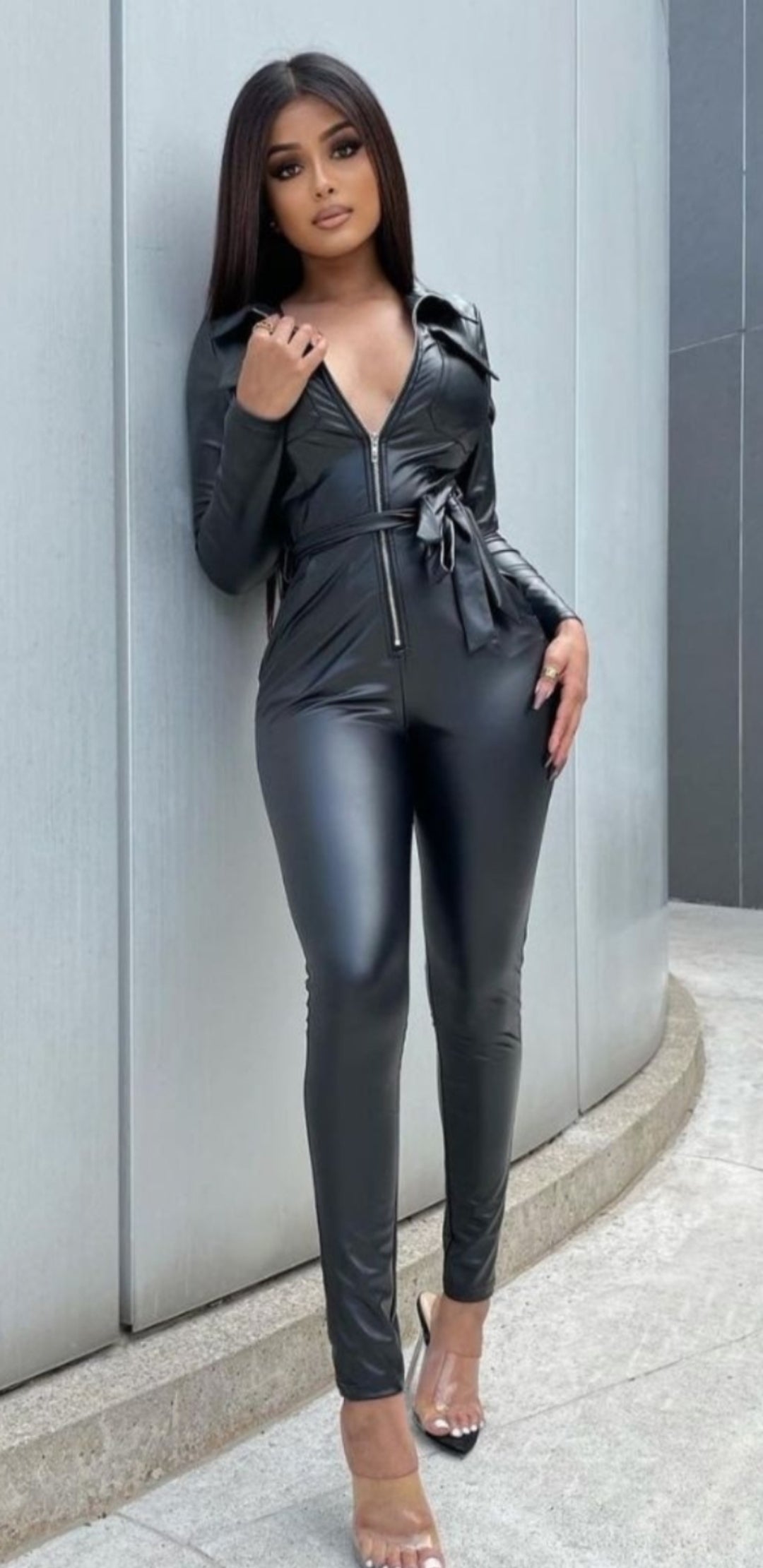 Black Zip Front Long Sleeve Wet Look Belted Jumpsuit