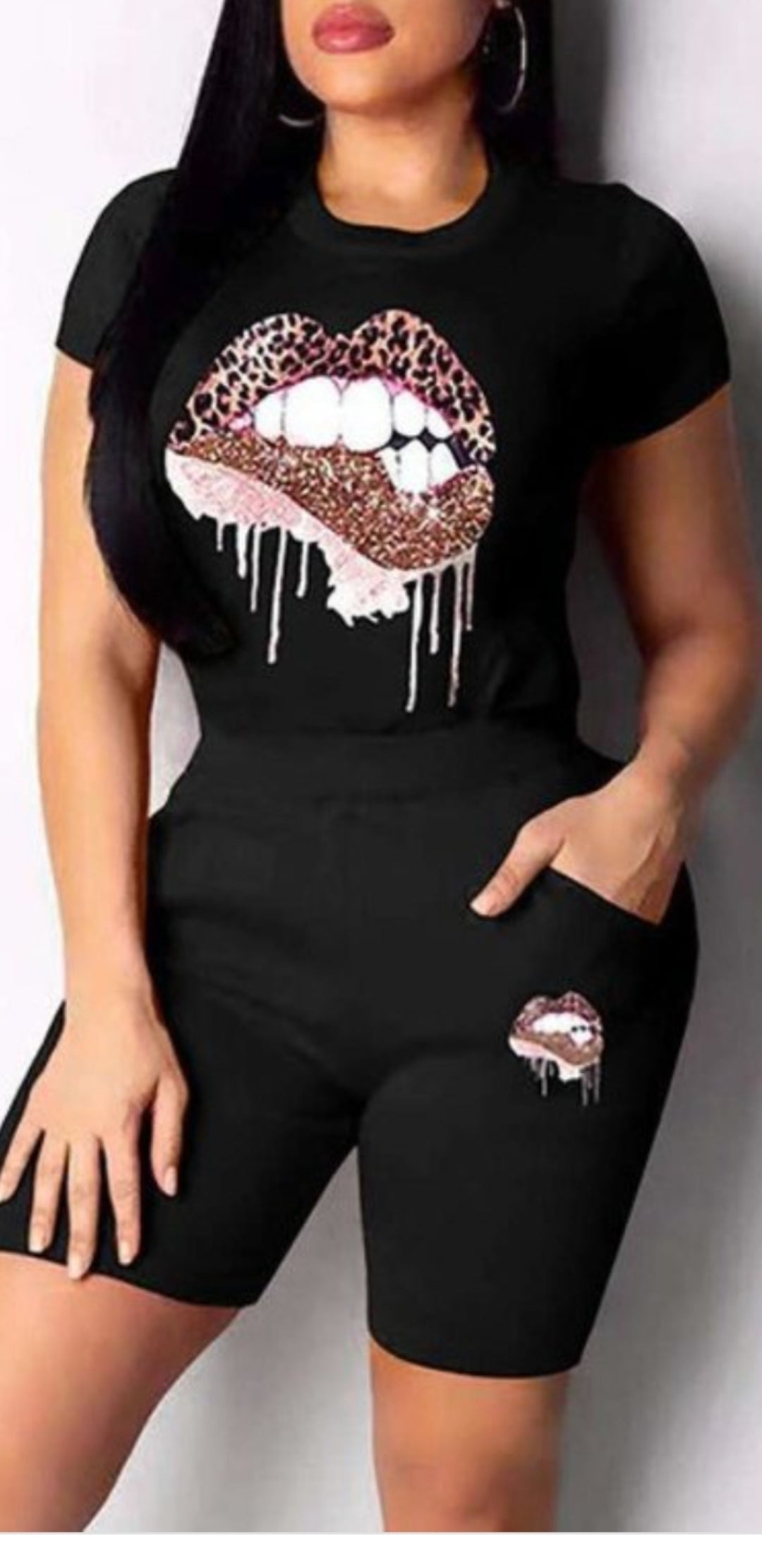 Leopard Lip Print Two Piece Set Tracksuit Women Summer Club Outfits T-shirt Top Biker Shorts Sportwear Lounge Wear Matching Sets