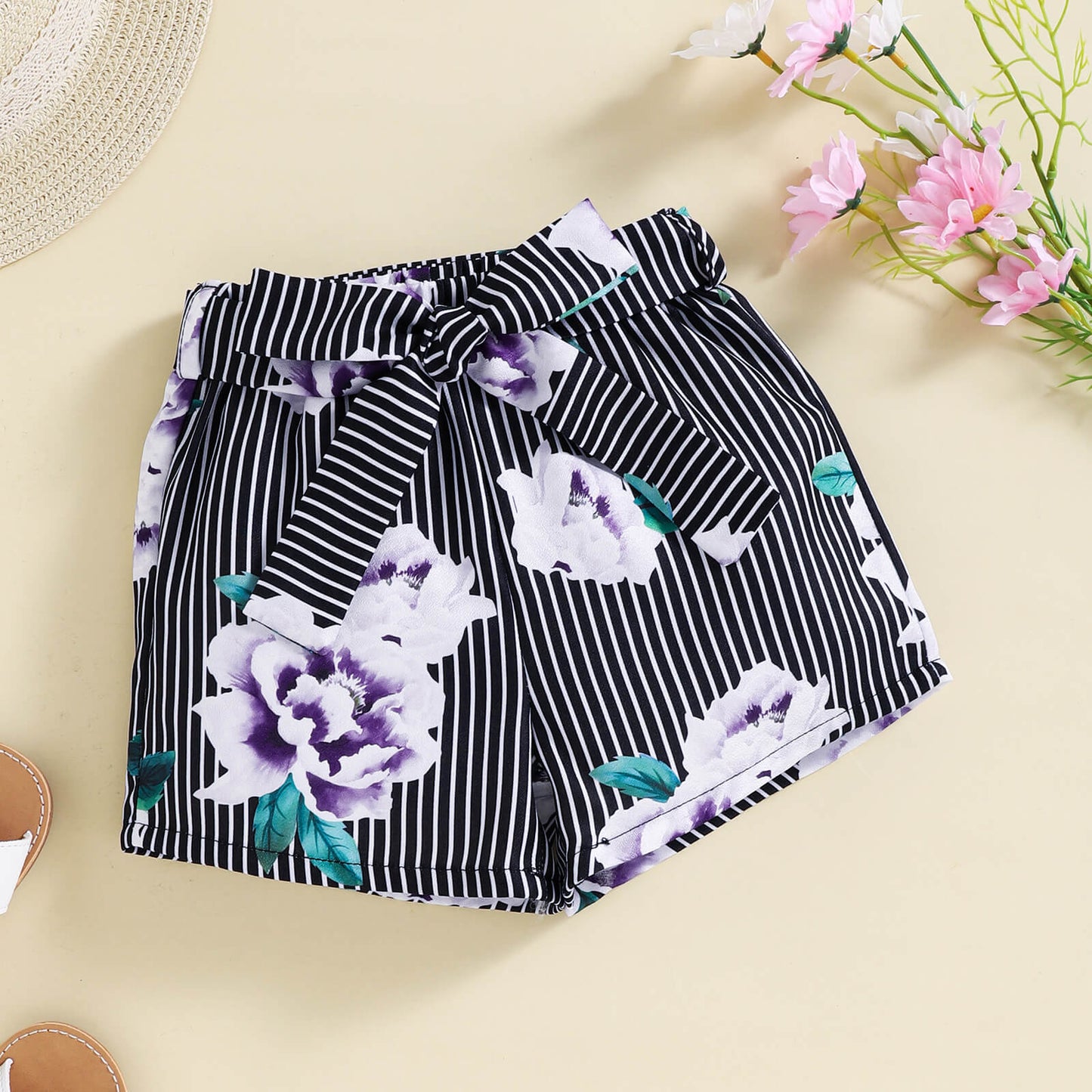 Girls Ribbed Cold-Shoulder Top and Mixed Print Belted Shorts Set