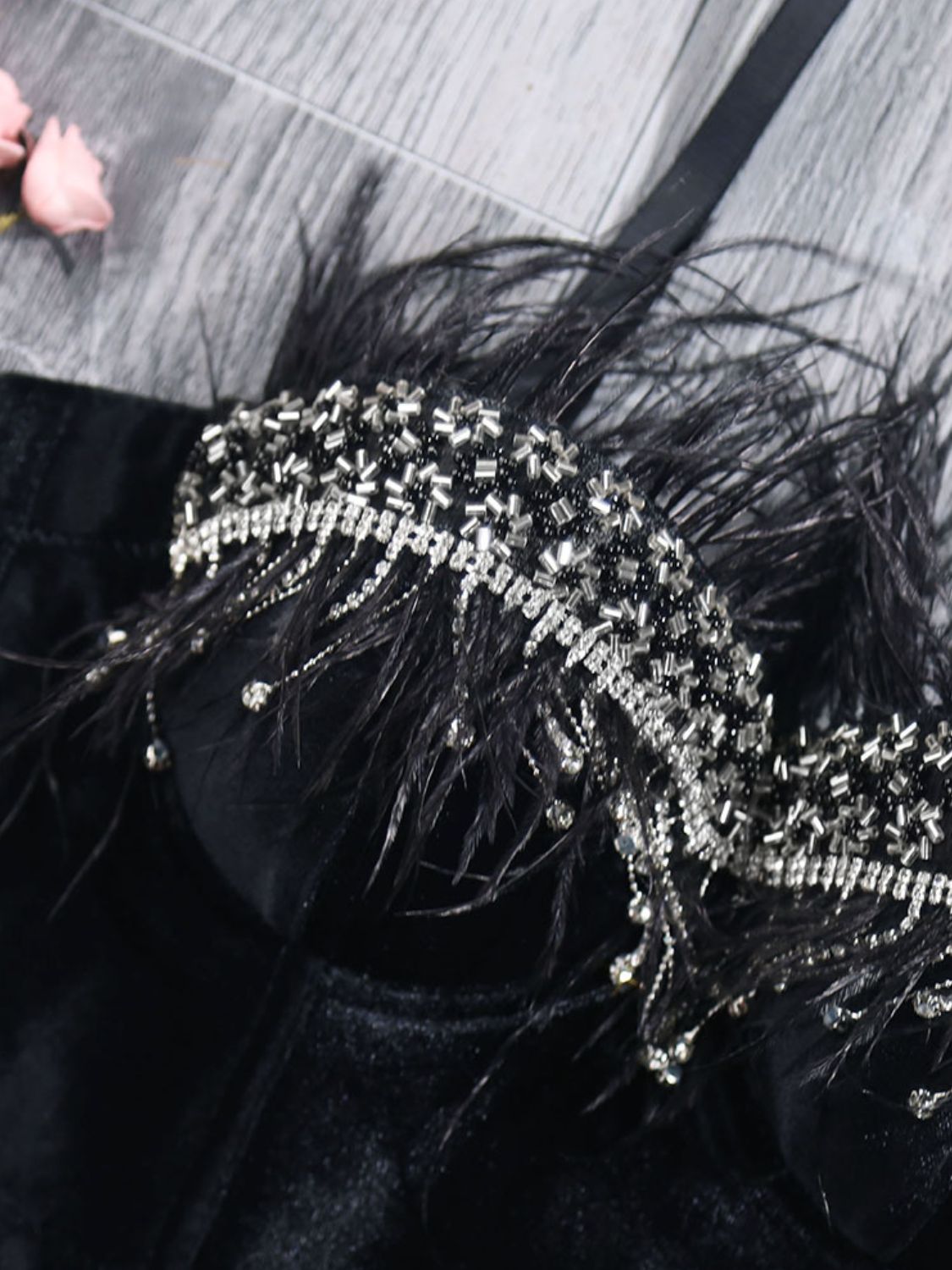 Rhinestone Feather Trim Fringe Bustier