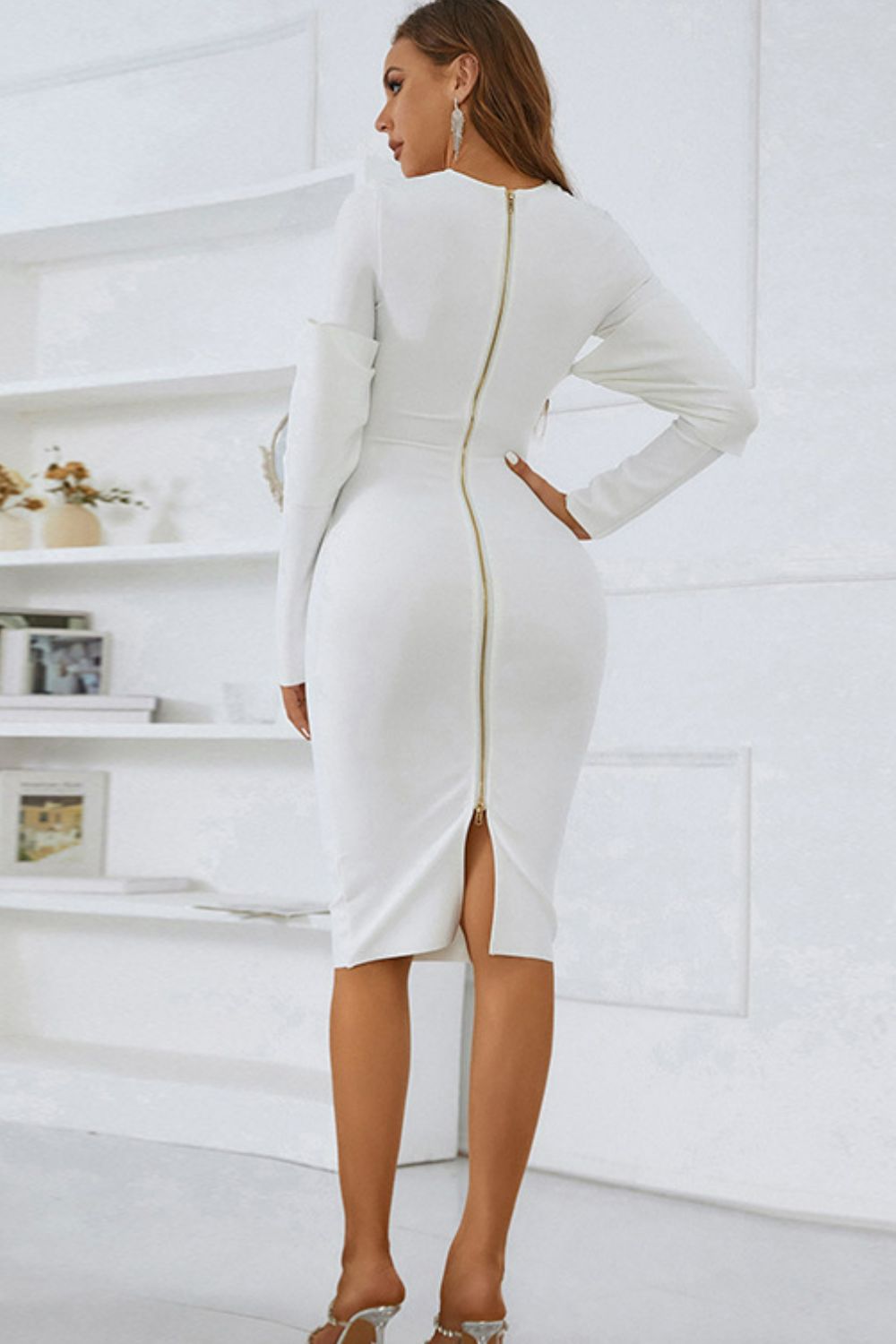Zip-Back Slit Crewneck Bodycon Dress