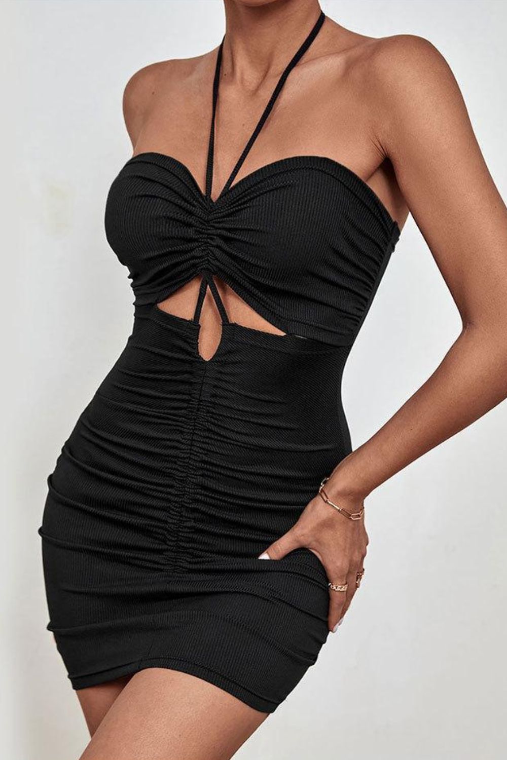 Ruched Cutout Halter Neck Mini Dress
