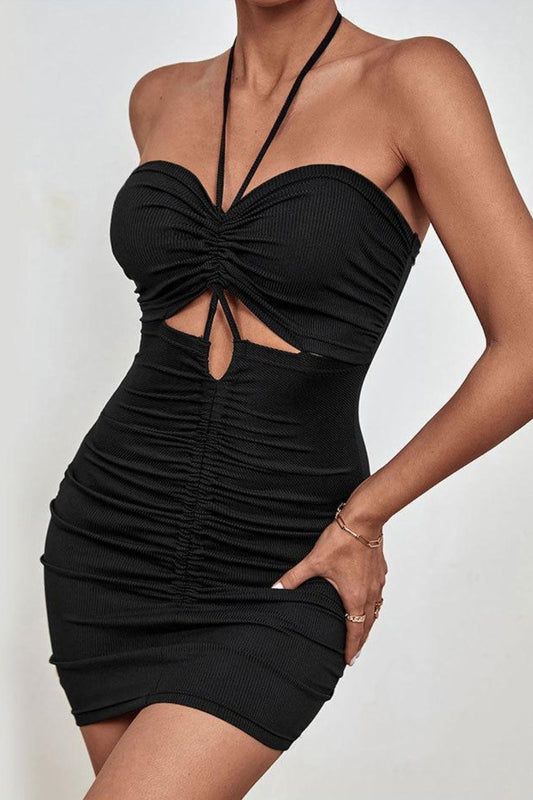 Ruched Cutout Halter Neck Mini Dress
