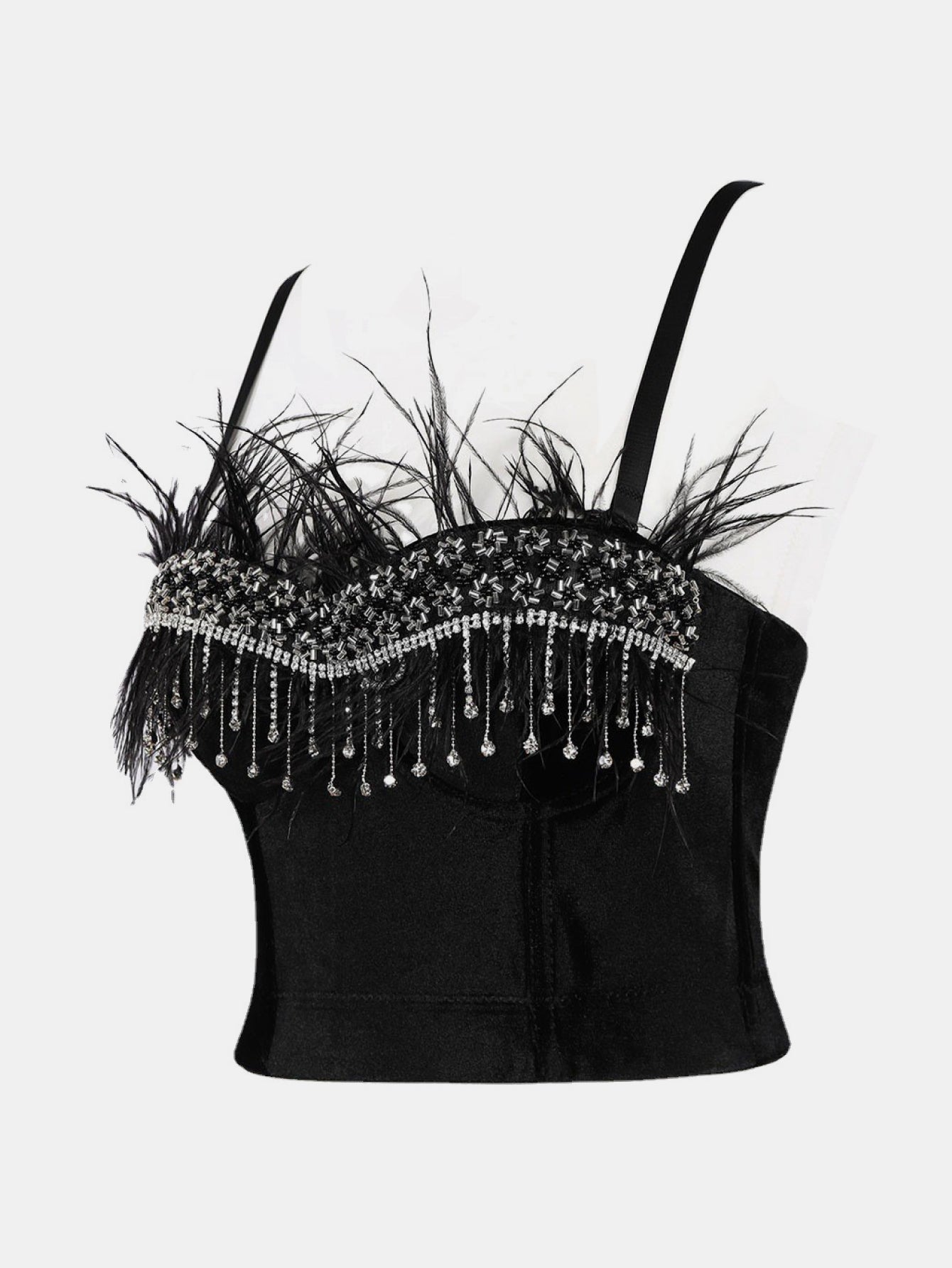 Rhinestone Feather Trim Fringe Bustier